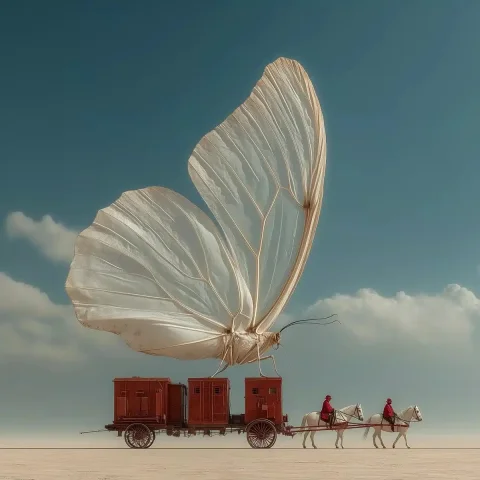 Surreal Butterfly Over Carriage — Midjourney v6 AI Prompt: In the sky, there is an oversized white butterfly flying over two red cube-shape...