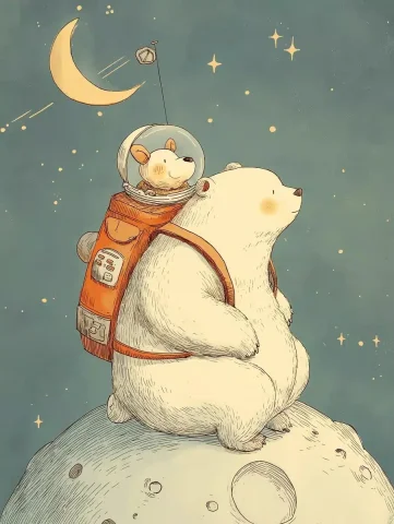Kawaii Bear and Puppy in Space — Midjourney v6 AI Prompt: Uma ursa fofa abraçada com um cachorrinho usando um capacete de astronauta, flut...