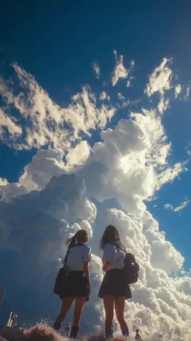 Photorealistic Students by Sea — Midjourney v6 AI Prompt: Summer, thunderclouds, clear skies, great view, high school students' backs, two...