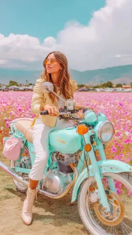 Leather-Clad Woman on Motorcycle — Midjourney v6 AI Prompt: Photo of a woman with white skin and long brown hair, wearing leather costume, s...