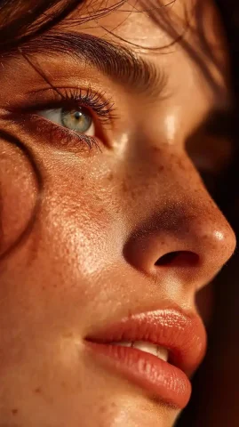 Refined Skin Macro Close-Up — Midjourney v6 AI Prompt: macro close-up of cheek and nose area with refined glass skin, natural glow, per...