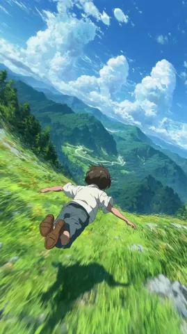 Anime Boy Gliding Over Valley — Midjourney v6 AI Prompt: Extreme low-angle wide-angle medium close-up follow shot , skimming the grassy g...