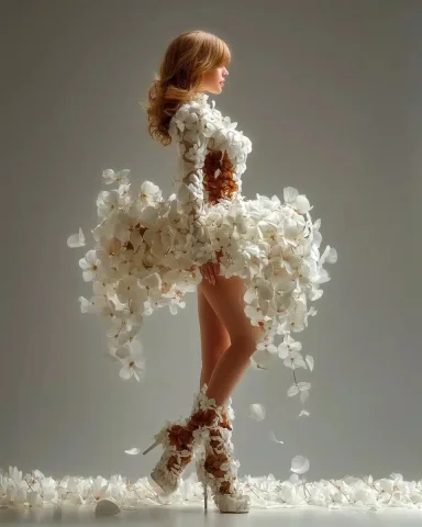 Floral Dress Woman Illustration — Midjourney v6 AI Prompt: woman with long legs wearing a dress made of only white flowers --ar 4:5 --v 7 -...