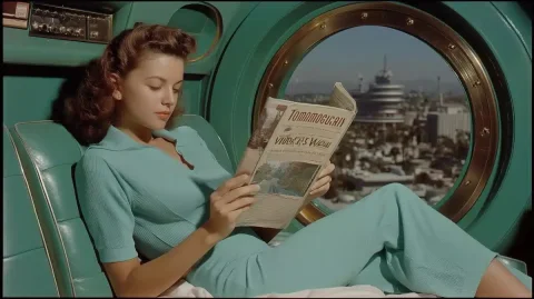 1950s Technicolor Pod Scene — Midjourney v6 AI Prompt: Screengrab of Todd-AO 65mm camera movie. Technicolor style color photography fro...