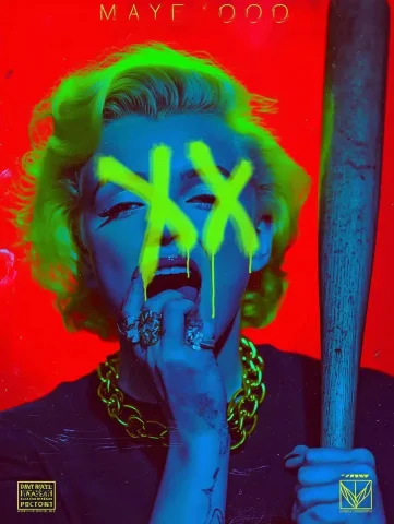 Monroe with Graffiti Chains — Midjourney v6 AI Prompt: Marilyn Monroe with a baseball bat in his hand. her cheek is covered in neon gre...
