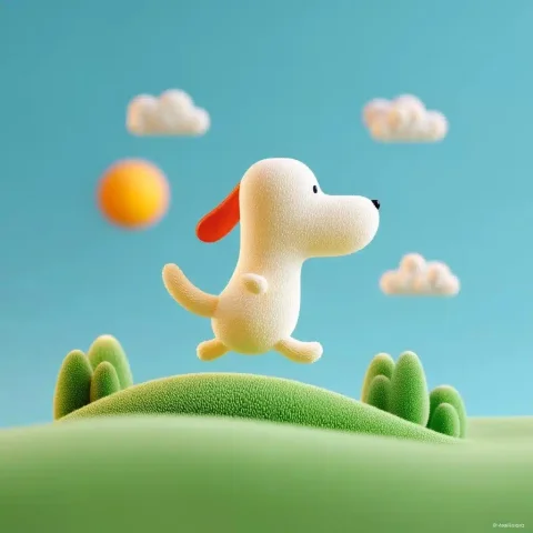 3D Cute Dog Running — Midjourney v6 AI Prompt: A dog is running on the lawn, Blue sky and white clouds, Bright color, Cute look...