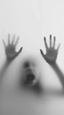 Eerie Hands Behind Glass — Midjourney v6 AI Prompt: A blurry black-and-white photo of two hands behind foggy glass and a face scream...