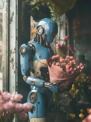 Cinematic Robot in Flower Shop — Midjourney v6 AI Prompt: a blue humanoid robot in the flower shop holding a bunch of flowers, cinematic s...