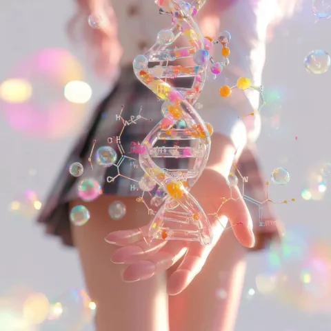 Surrealist DNA and Chemistry — Midjourney v6 AI Prompt: Minimalist style illustration. A person wearing a school uniform holds out their...