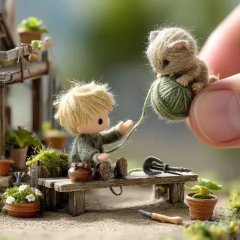 Miniature Garden Scene — Midjourney v6 AI Prompt: A miniature scene at 1:64 scale showing a tiny human figure seated on a handcraf...