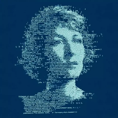 Code Portrait of Woman — Midjourney v6 AI Prompt: a middle-aged woman's face formed from programming code, viewed from a distance,...
