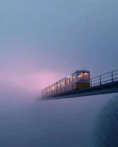 Retro Train in Dystopian Sky — Midjourney v6 AI Prompt: Ein schwebender Zug in Retro-Design fährt auf einer dünnen Schiene, die durch di...
