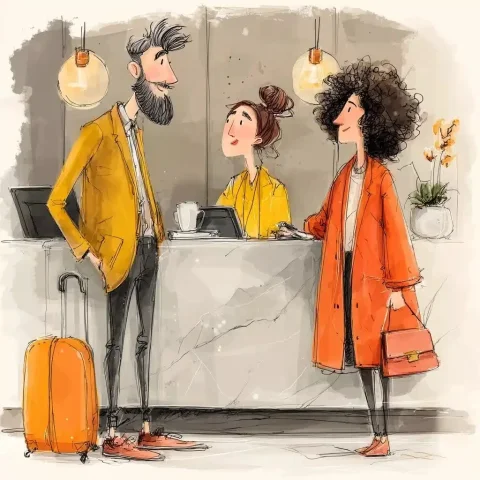 Reception Check-In Photo — Midjourney v6 AI Prompt: a photo of two people at the reception, one is the receptionist,male;one is the...