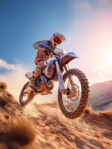 Cinematic Blue Enduro Ride — Midjourney v6 AI Prompt: Motocross enduro motorbike rides on hilly roads on sand, the enduro motorbike is...