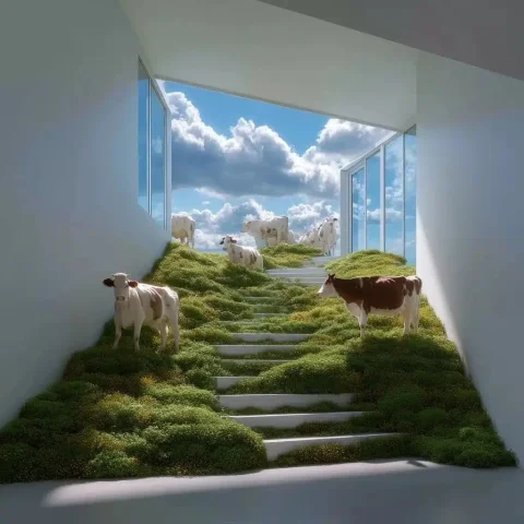 Grassland Staircase with Livestock — Midjourney v6 AI Prompt: A green grassland on a staircase, above the staircase is a glass door, grassland...