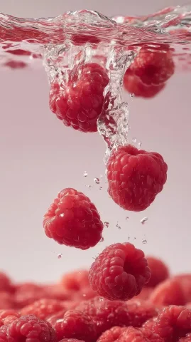 Raspberries with Pink Water — Midjourney v6 AI Prompt: the sharp and detailed commercial photography of raspberries falling in front of...