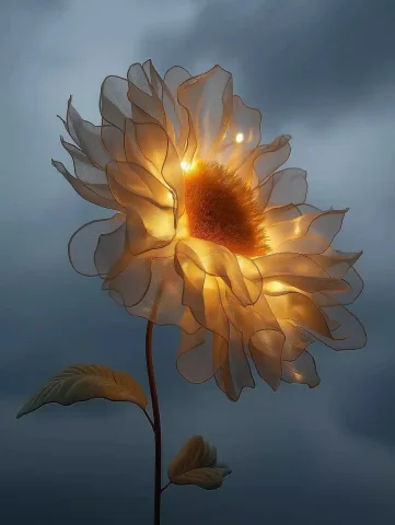 Chiffon Sunflower Moon Bloom — Midjourney v6 AI Prompt: A moon in night sky blooming like a sunflower, the sunflower made from Chiffon g...