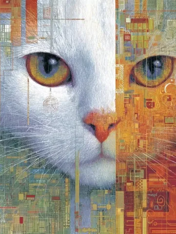 Geometric Cat Face Collage — Midjourney v6 AI Prompt: white cat face with piercing blue eyes, overlaid with sharp geometric shapes, vi...