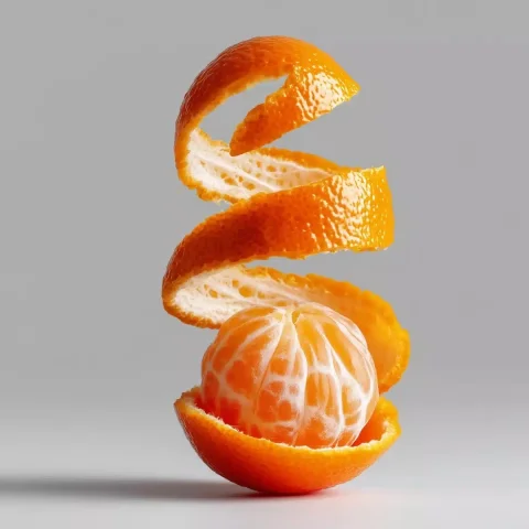 Spiral-Peeled Mandarin Orange — Midjourney v6 AI Prompt: a mandarin orange peeled in a vertical spiral, the peel stretching upward in a t...