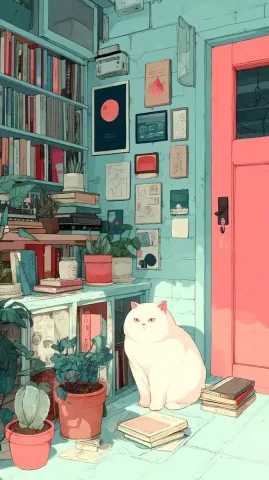 Kawaii Cat in Cozy Room — Midjourney v6 AI Prompt: kawaii anime cat in cozy room, surrounded by books and plants, soft lighting, pa...