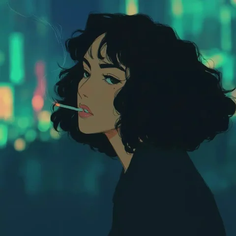 French Woman Night City Illustration — Midjourney v6 AI Prompt: A digital illustration of a French woman with black curly hair smoking a cigaret...