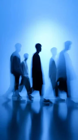Silhouetted Asian Men in Motion — Midjourney v6 AI Prompt: Panning photography of sihouettes of severalAsian men on a blue gradient backgro...