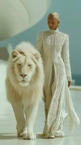 Photorealistic Model with Lion — Midjourney v6 AI Prompt: Mercedes-Benz + White Lion Prompt (EN): full body portrait of a poised model wal...