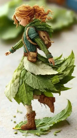 Leaf Girl Dance Illustration — Midjourney v6 AI Prompt: a beautiful leaf girl made of leafs dancing gracefully with a cute smile on her...