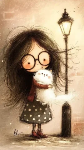 Whimsical Girl with Cat — Midjourney v6 AI Prompt: Charming hand-drawn girl with round glasses and flowing long black hair, hugging...