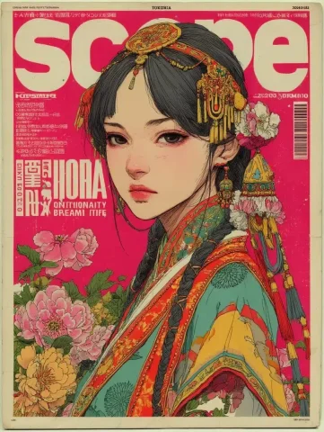 Anime Empress in Floral — Midjourney v6 AI Prompt: A magazine cover of "scope oriantal beauty", features an anime-style illustratio...