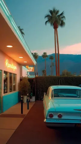 1960s Diner with Neon — Midjourney v6 AI Prompt: hamburger road restaurant in typical 1960s vibes with neon and a 1960s light blu...