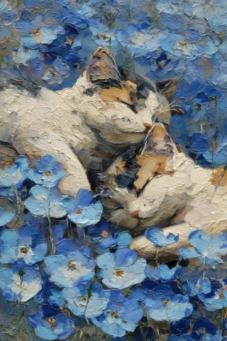 Impasto Calico Folds Landscape — Midjourney v6 AI Prompt: Impasto painting, two overlapping Calico Scottish Folds lying with their ears fo...