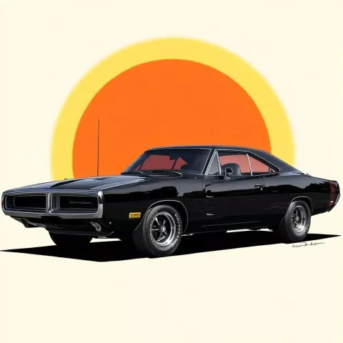 Pop Art Black Charger — Midjourney v6 AI Prompt: cartoonistic comic pop art all black 1970 Dodge Charger RT aggressive style --v...