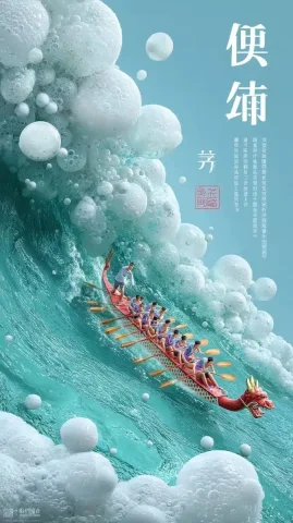 Dragon Boat Splash Illustration — Midjourney v6 AI Prompt: 平面插画海报，龙舟划破碧绿水面的瞬间，水花飞溅形成"泡沫浪纹"，与洗衣液的清洁泡沫...