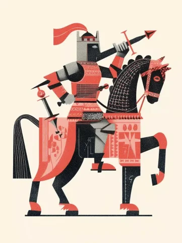 Medieval Knight on Horse — Midjourney v6 AI Prompt: a French medieval knight riding a horse, in bold red and black colors with styli...