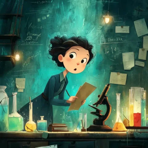 Colorful Storybook Curie Laboratory — Midjourney v6 AI Prompt: Colorful storybook-style illustration for children’s book, Marie Curie in an old...