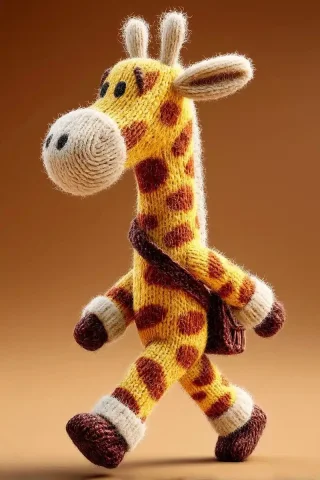 Cartoon Knitted Giraffe Walking — Midjourney v6 AI Prompt: a side view of a cartoon knitted giraffe walking upright on two legs, two arms s...