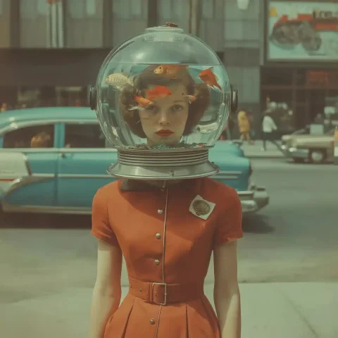 Aquarium-Headed Woman Portrait — Midjourney v6 AI Prompt: weird, fun and cute street view portrait with aquarium that covers the woman's h...