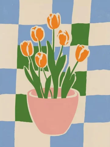 Minimalist Tulips in Pot — Midjourney v6 AI Prompt: flat minimalist illustration of orange tulips in a pink pot, placed against a pi...
