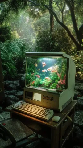 Surreal Fish Tank Macintosh — Midjourney v6 AI Prompt: A vintage Macintosh Classic computer transformed into a fish tank, filled with g...