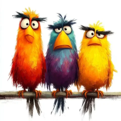 Colorful Cartoon Birds Branching — Midjourney v6 AI Prompt: fluffy cartoon birds with colorful wild feathers sitting on a branch, with a dif...