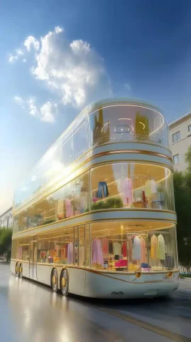 Futuristic Boutique Bus Display — Midjourney v6 AI Prompt: A giant multi-story glass boutique bus driving through the streets of Tashkent,...
