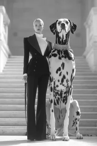 High-Fashion Model with Dalmatian — Midjourney v6 AI Prompt: A sophisticated high-fashion model wearing an avant-garde tuxedo-inspired coutur...