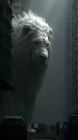 Hyper-Realistic Lion Cityscape — Midjourney v6 AI Prompt: A hyper-realistic giant lion standing upright in a city street, facing forward,...