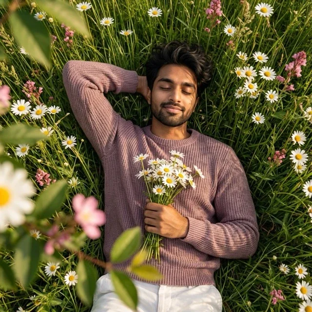 Create A Serene, Top-Down Portrait Of A Young Man Lying
