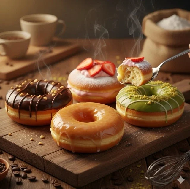 Prompt: Ultra-Realistic Close-Up Food Photography Of Four Gourmet Donuts Displayed