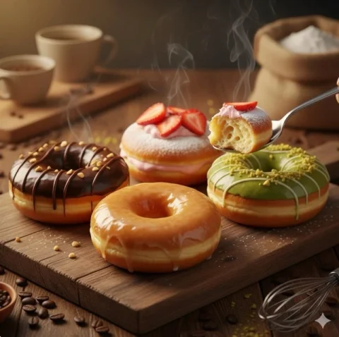 Prompt: Ultra-Realistic Close-Up Food Photography Of Four Gourmet Donuts Displayed — Nano Banana Pro AI Prompt: { "prompt": "ultra-realistic close-up food photography of four gourmet donuts...