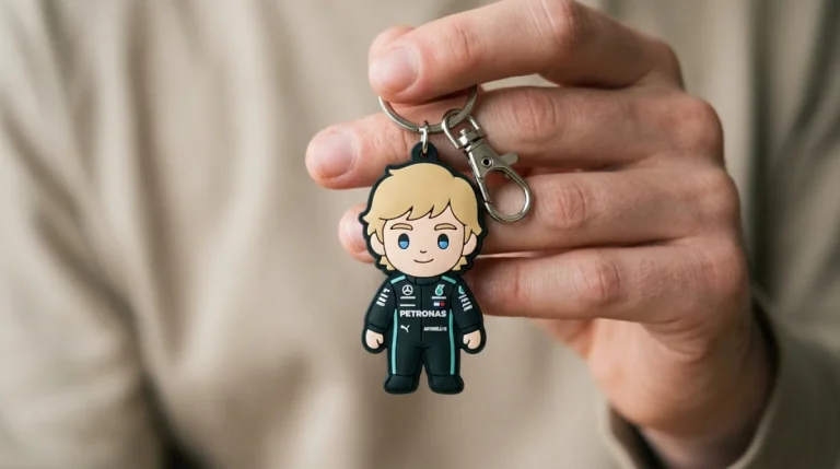Close-Up Photo Of A Cute, Colorful Rubber Keychain Held Gently