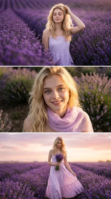 Horizontal Triptych Of A Woman In A Lavender Field At