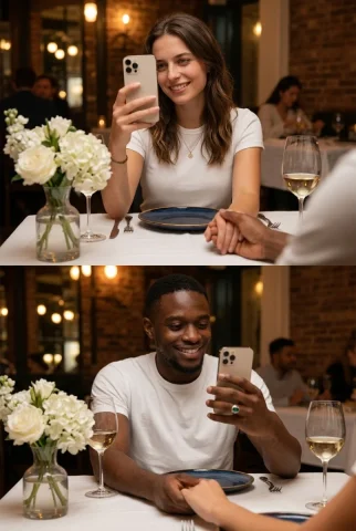 Create A Split-Screen Composition Of A Dinner Date. Top Half: — Nano Banana 2 AI Prompt: Create a split-screen composition of a dinner date. Top half: The lady wearing a...
